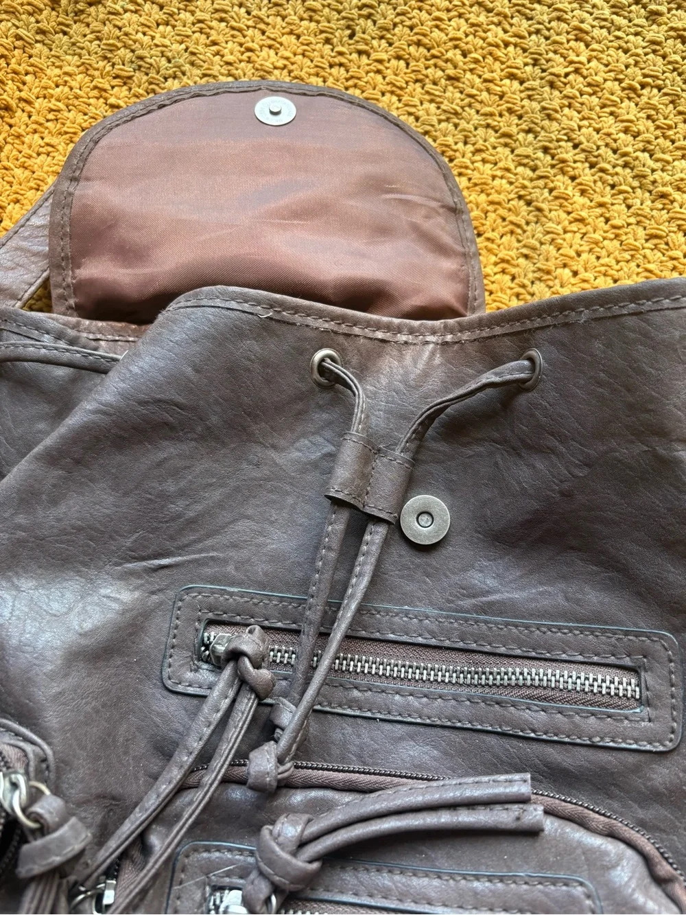 Bueno Brown Faux Leather Mini Backpack Y2K Boho Multi Pocket Utility Bag